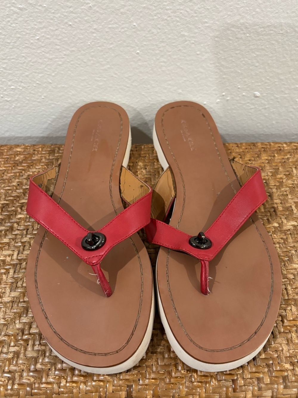 Coach Red Leather Thong Sandals with Black Accent